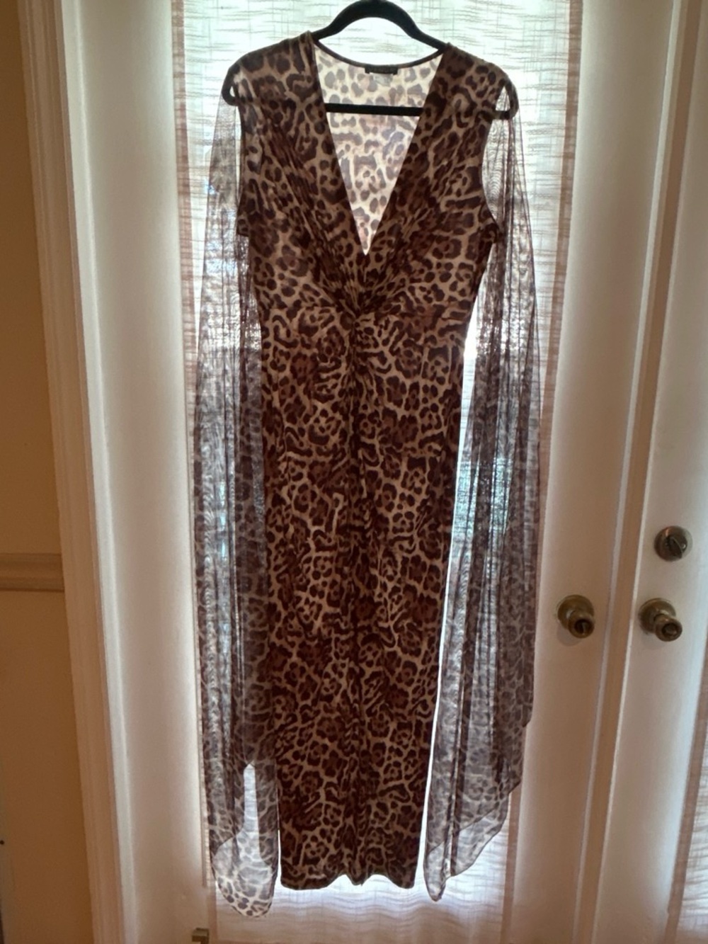 Leopard Print V-Neck Long Sleeve Maxi Dress in Brown